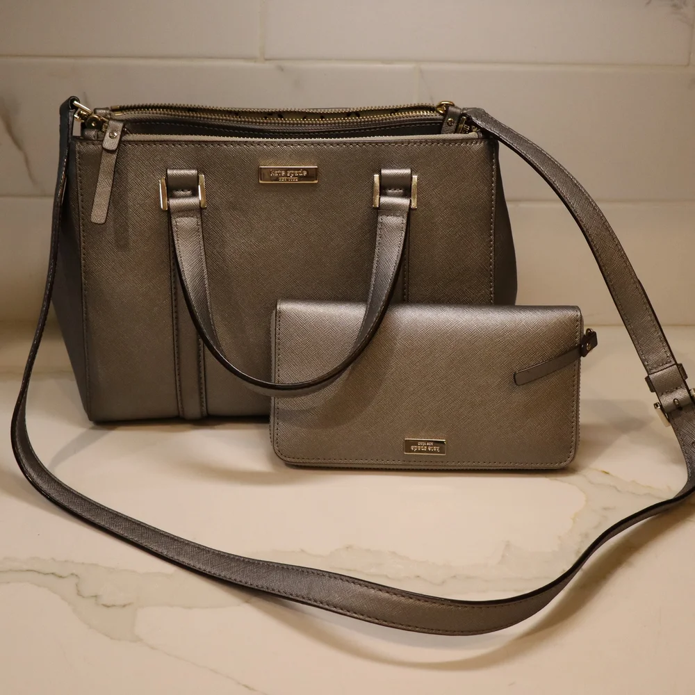 kate spade New York Newbury Lane Satchel Loden gray with matching wallet EUC